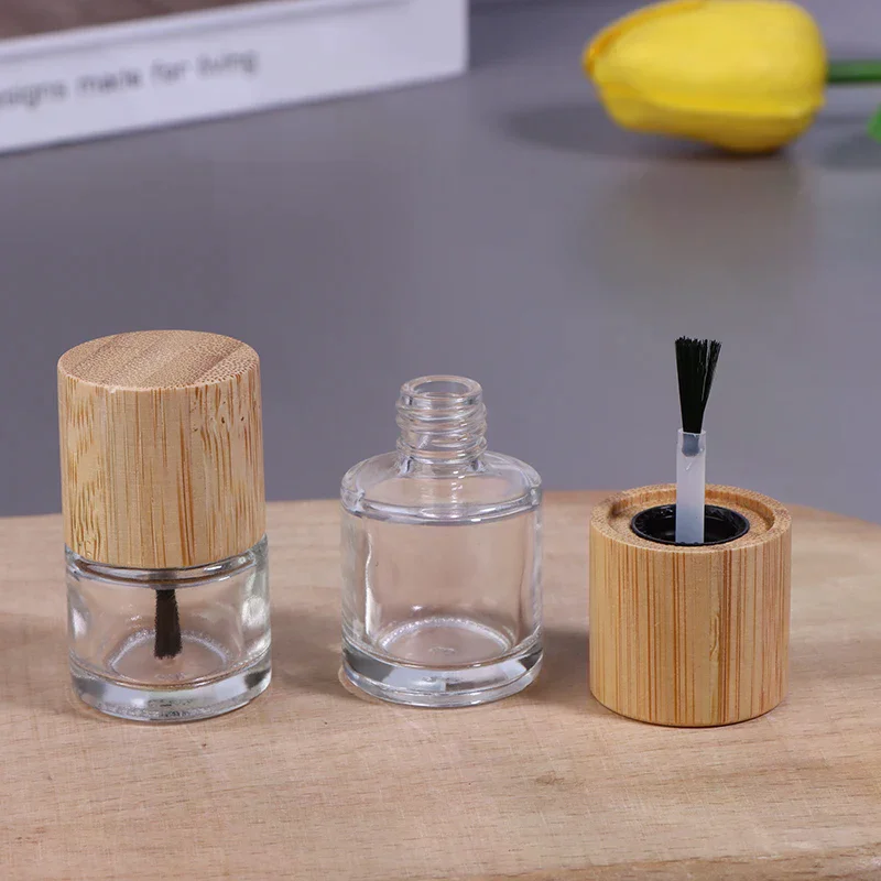 Botella cilíndrica de vidrio para aceite de uñas, cepillo para el pelo, botella de pegamento para uñas, cubierta de madera maciza y bambú, contenedor de aceite para uñas, 5ml, 10ml, 15ml