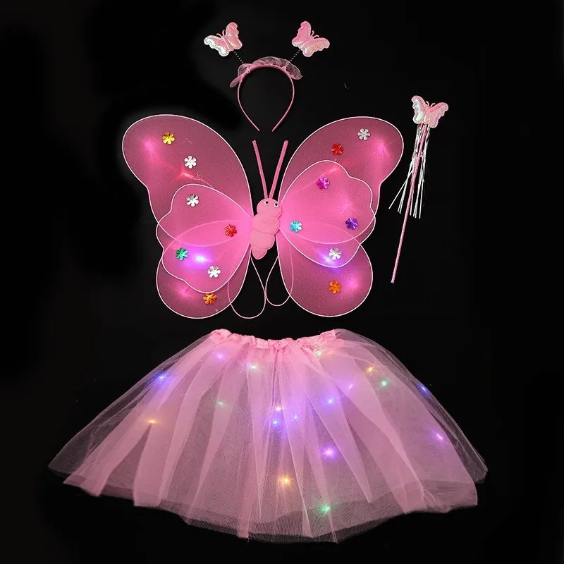 أجنحة الفراشة المتوهجة تضيء فستان الأميرة الجنية عصا سحرية 3 قطعة مجموعة أزياء أداء الحفلات لعب الأدوار دعائم التصوير الفوتوغرافي #4
