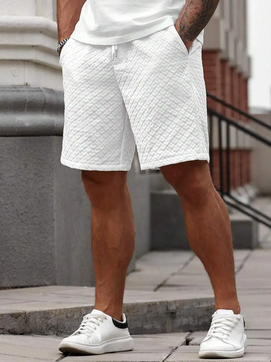 

Mens White Quilted Drawstring Waist Casual Shorts With Pockets