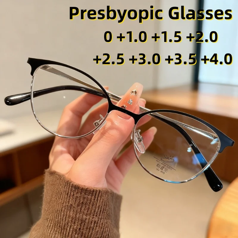 

New Fashionable Gold-rimmed Anti-Blue Light Presbyopia Glasses Premium Cat-Eye Reading Glasses with Plus Diopters 0 To +4.0