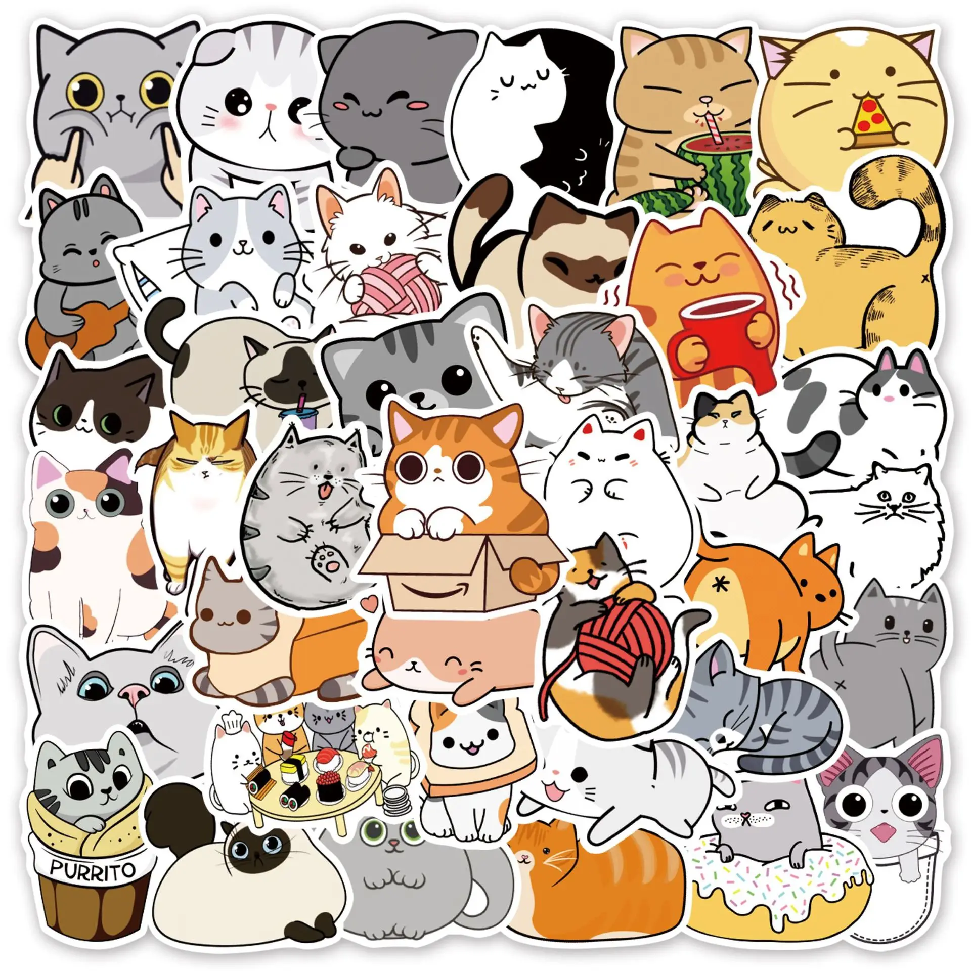 10/30/50pcs  Cartoon Cute Funny Cat Graffiti Stickers Kawaii Animal Kids Toys Luggage Guitar Car Waterproof Pvc Decal Stickers