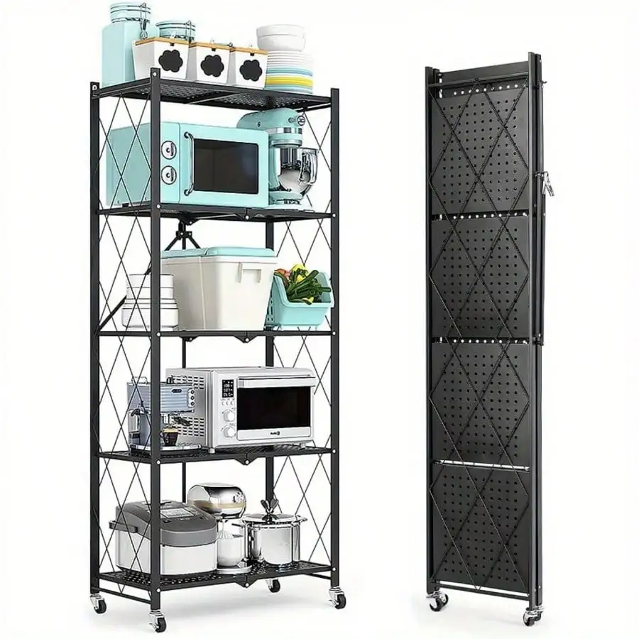 

Track Seven 5-Tier Storage Shelving Unit With Hooks And Wheels, Standing Foldable Storage Rack, Metal, Kitchen, Garage,