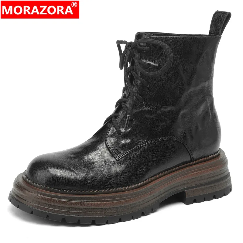 

MORAZORA 2024 New Genuine Leather Boots Women Shoes Lace Up Platform Ankle Boots Handmade Ladies Motorcycle Booties