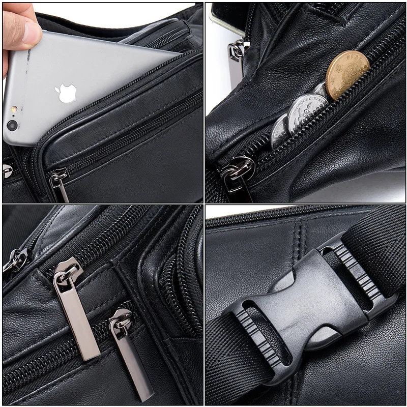 Cross-border sheepskin men's bag, men's sheepskin phone waist bag, genuine leather crossbody bag, multifunctional sports and lei