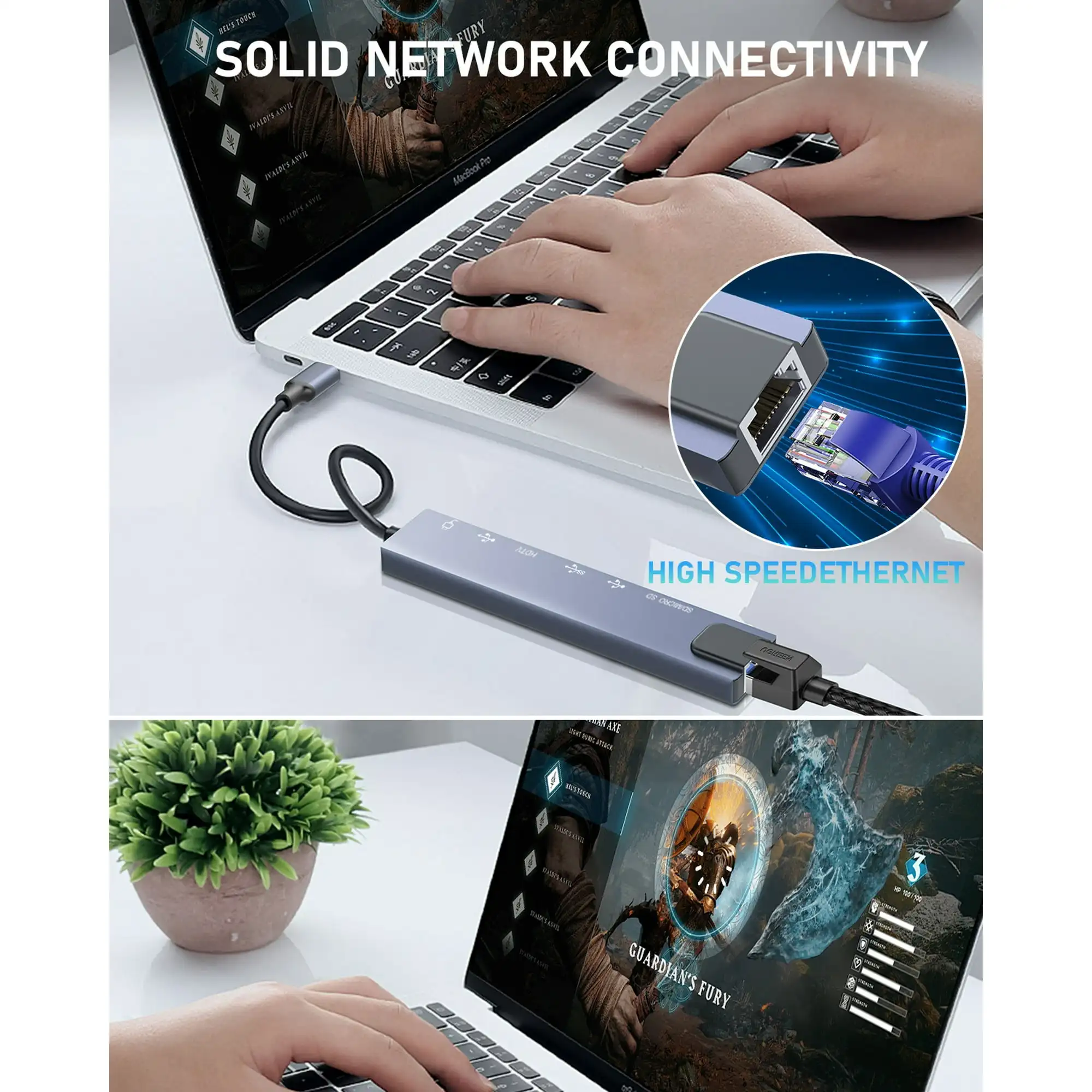 8in1 USB C Hub محطة الإرساء Usb C إلى محول إيثرنت نوع C محول RJ45 4K HDMI لماك بوك باد