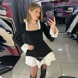 Qanz Modern Black and White Prom Dresses Satin Strapless Long Sleeves Robe Femmes Nouvete  Ruffles Robes De Soirée Customized