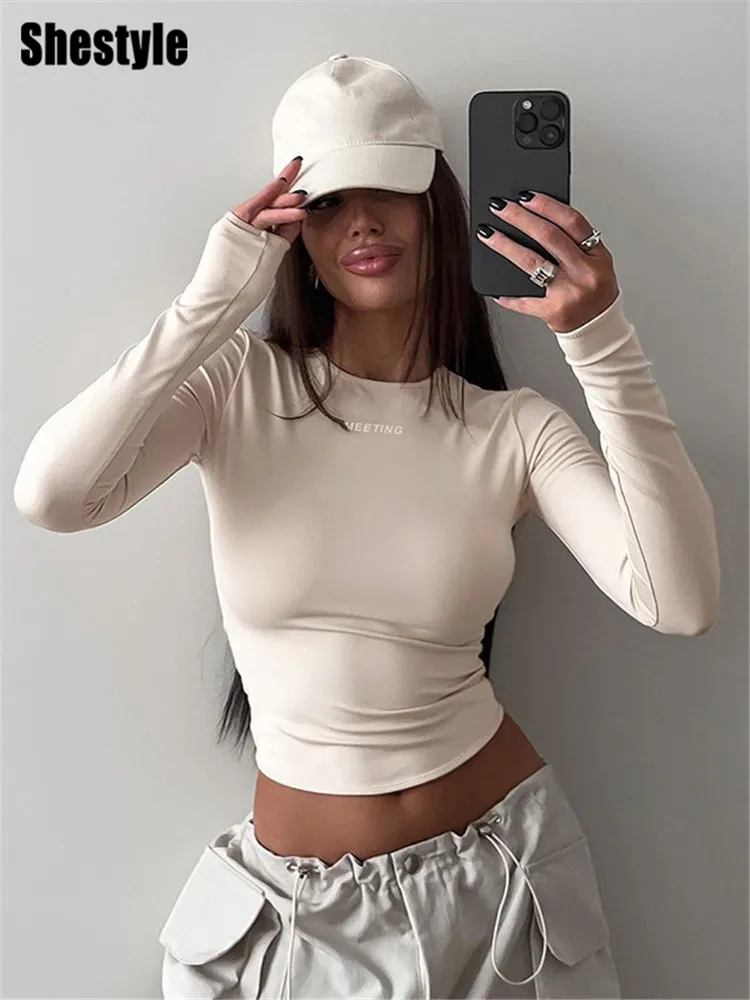 Shestyle Streetwear Jazz Dance Crop Tops Women Crew Neck Tight Slim Letter Full Sleeve Spring 2025 Basic T-Shirt Fashionable