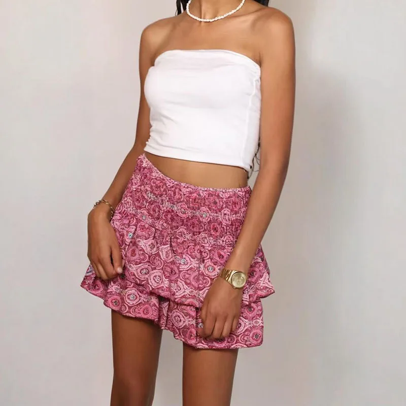 Popular Summer Classic Fashion style Printed Mini Skirt Women's Multi Color Lightweight Casual Ruffle Skirt for Beach Vacation