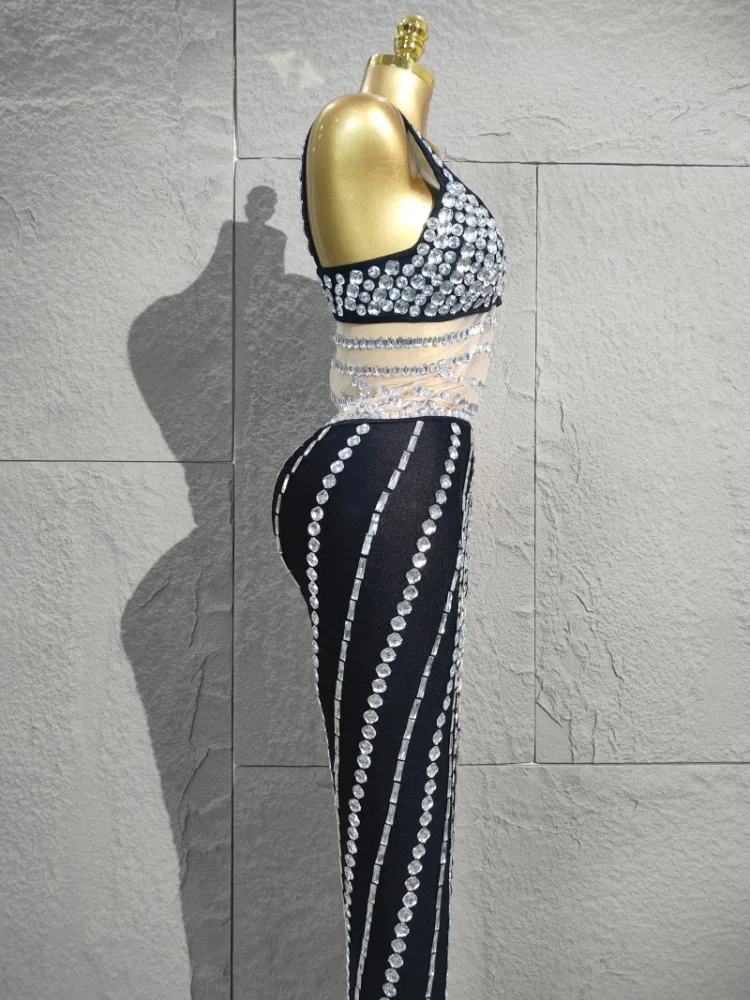 فستان طويل مغرية بأحجار الراين اللامعة الشبكية المقسمة للاحتفال بالسهرات وحفلات أعياد الميلاد وملابس التقاط الصور زي الأداء #3