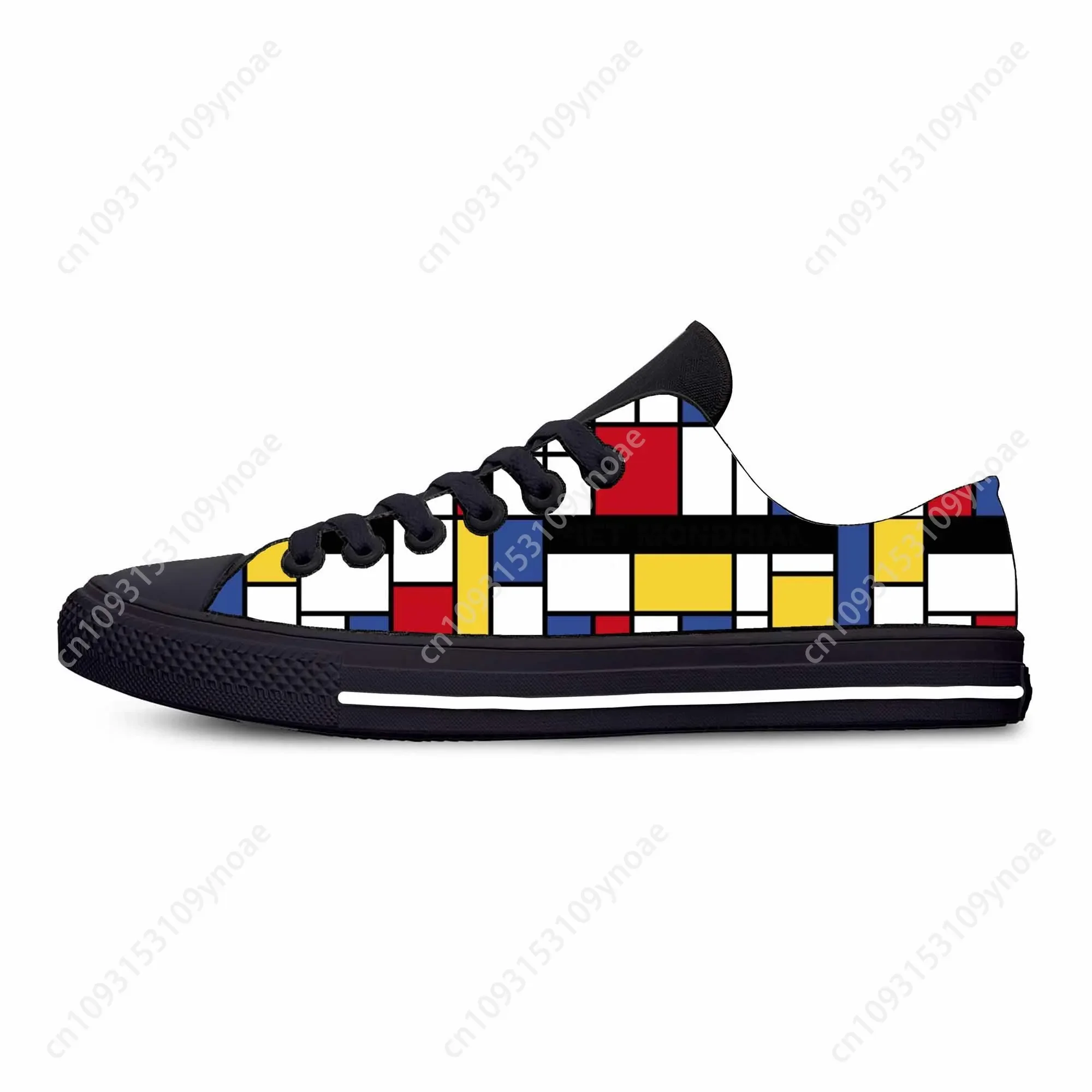 Piet Mondrian Abstrato Padrão Geométrico Pintura Casual Sapatos de Pano Baixo Top Confortável Respirável Impressão 3D Homens Mulheres Tênis