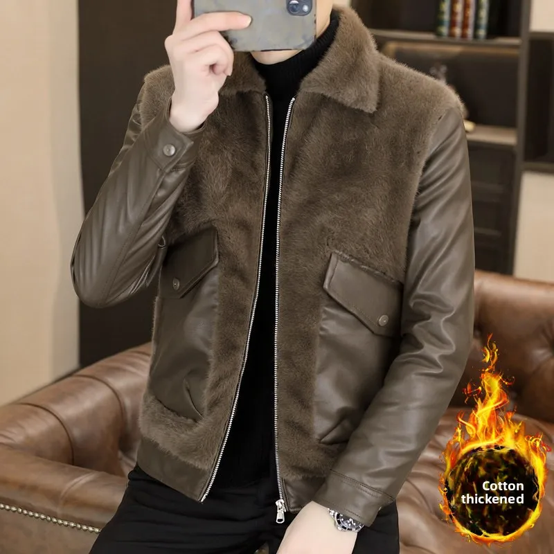 

2025 New Men's Faionable ort Soft Leather Jaet Goat Skin Warm Fce Lined Stand Collar High End Sle Urban Look