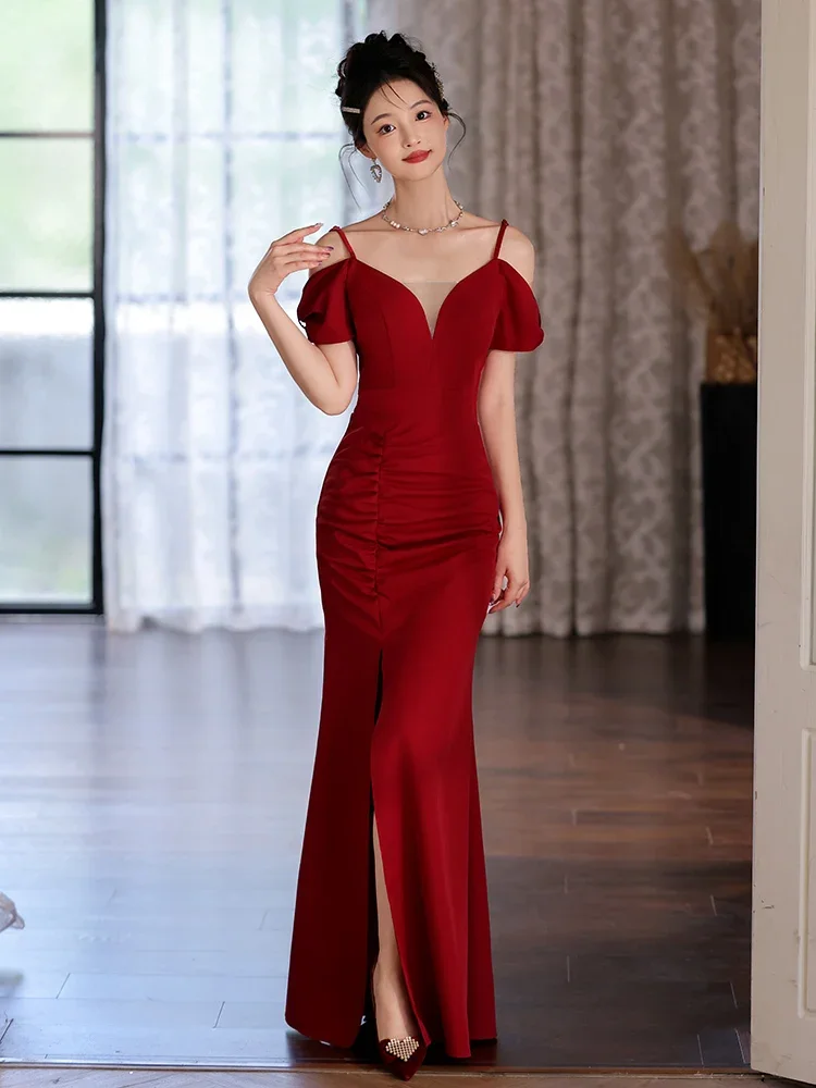 

Beautiful Red Evening Dress Women's New High-end Temperament Engagement Banquet Fishtail Dress Bride Toast Prom Dress