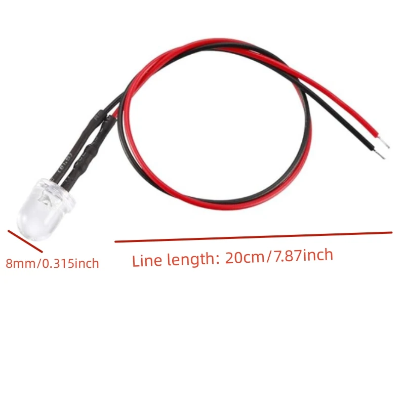 Kit de diodes LED 9V-12V 8mm, 20 pièces/50 pièces, blanc, rouge, vert, bleu, jaune, blanc chaud, indicateur électroluminescent diffusé précâblé