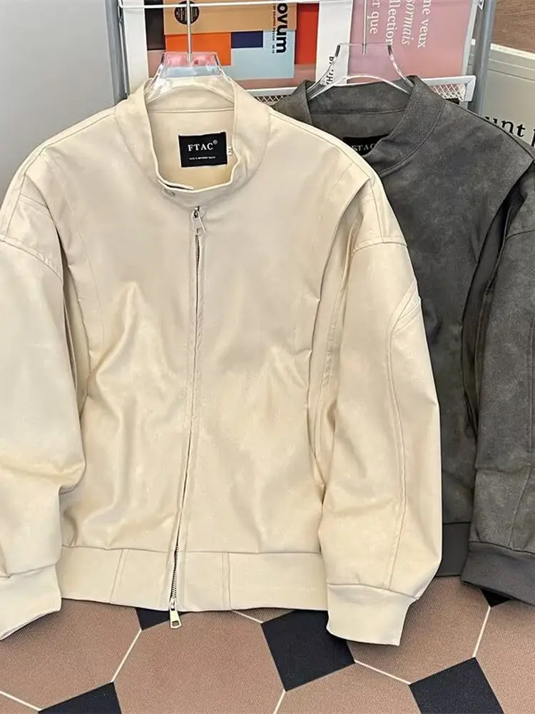 

Retro American Men's And Women's Loose Fit Faionable Spring Autumn Motorcycle Jaet Outerwear Casual Sle Zipper Closure