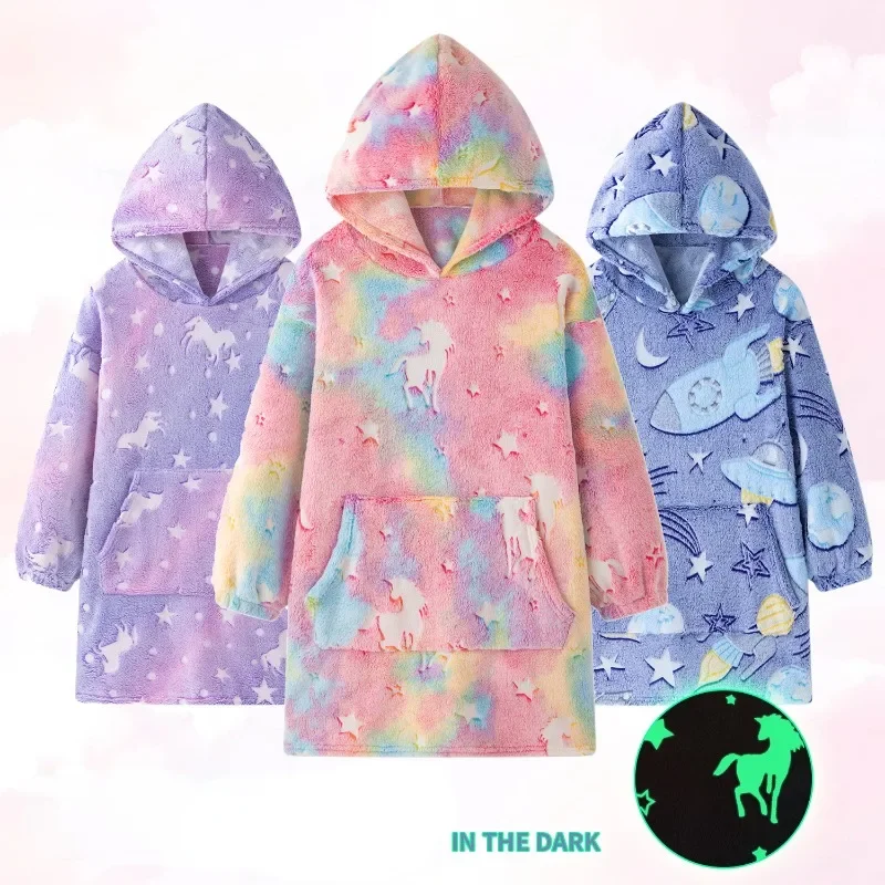 High Quality Spaceship Dinosaur Unicorn Luminous Flannel Hooded Bathrobe Children\'s Lazy Clothes Luminous Blanket Home Clothing