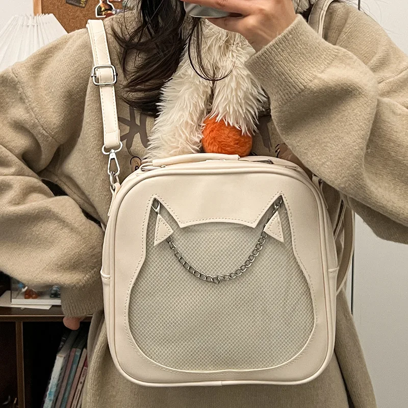 Y2K-Bolso cruzado de PU Kawaii japonés para niñas, bolso de hombro Harajuku de bolsillo transparente, itabag mochila de moda, lindo gato, Coreano