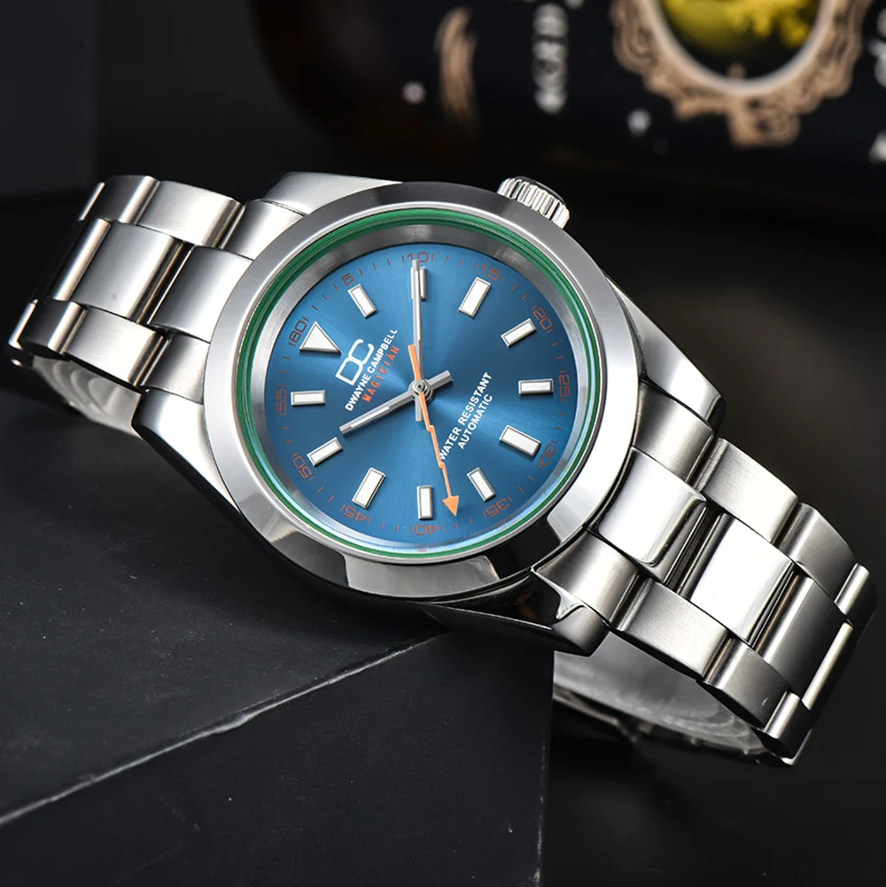 

Мужские часы диаметром 39 мм с автоматическим механическим механизмом NH35, оснащены ремешком из нержавеющей стали диаметром 20 мм и сапфировым зеркалом.