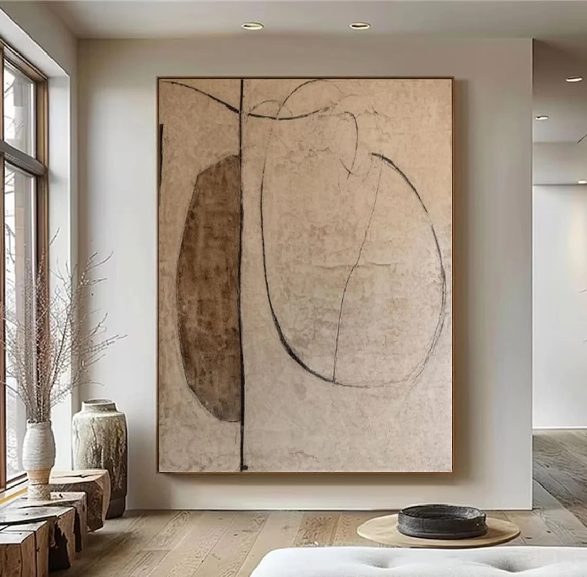 Wabi-Sabi-Handgemalte Malerei, Wandkunst, große minimalistische abstrakte braune Malerei auf Leinwand, Gipskunst, Dekoration
