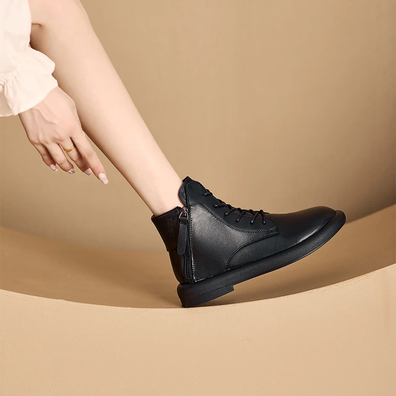 Botas de tobillo de cuero marrón para mujer, novedad 2026, con cordones y cremallera trasera, suela plana baja, informales y cómodas para otoño e invierno