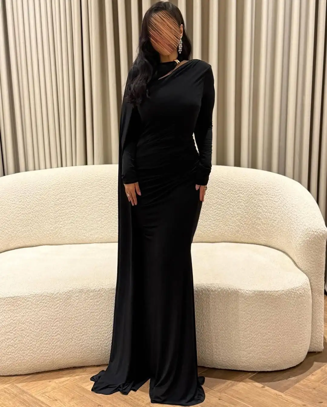 

Customized Mermaid Long Sleeves Prom Dresses O-Neck Pleated Floor Length Evening Dresses Formal Party Dresses