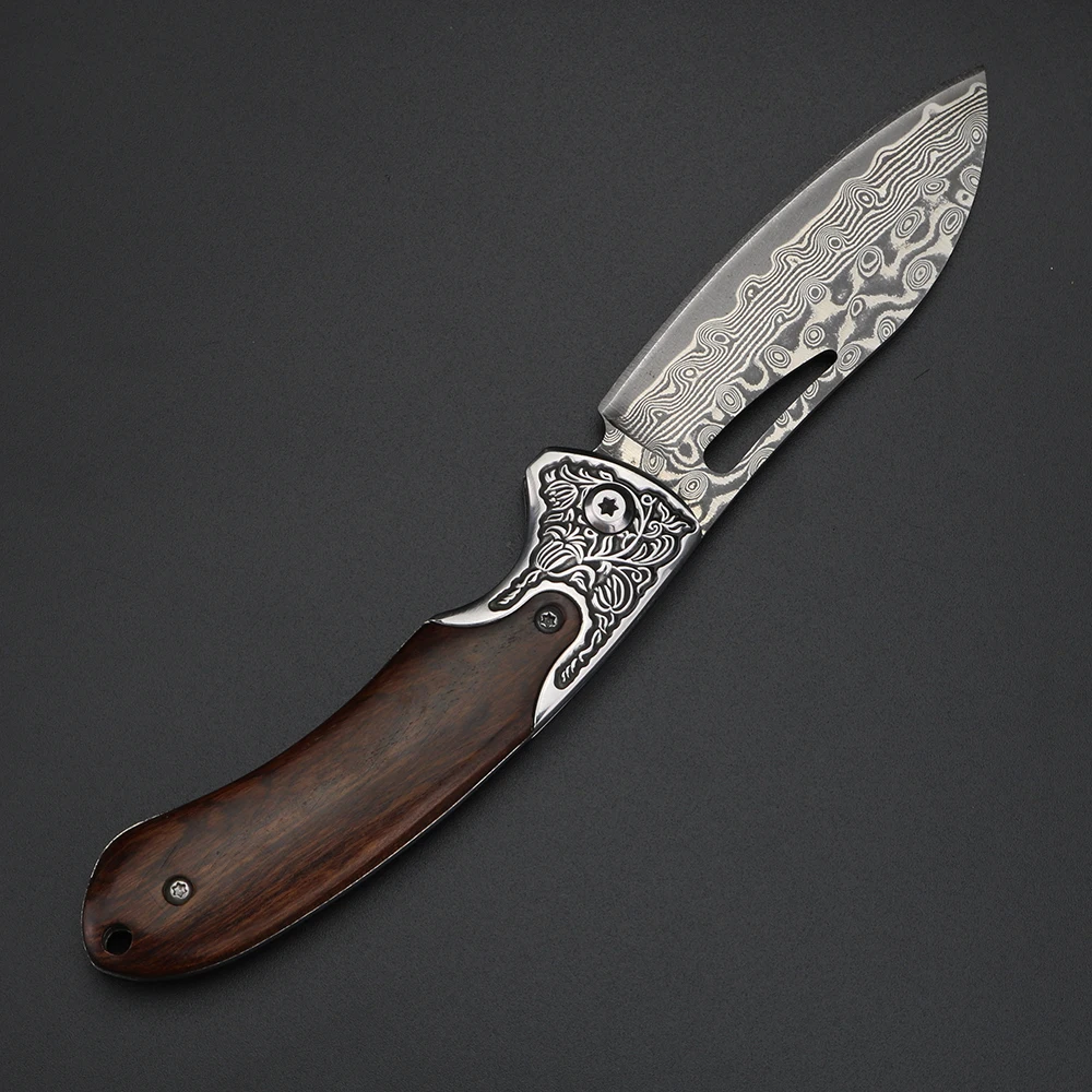 XUANTENG Damascus Laser Pattern Small Knife Hollow Handle Outdoor Knife Camping Hunting Knife Survival Knife