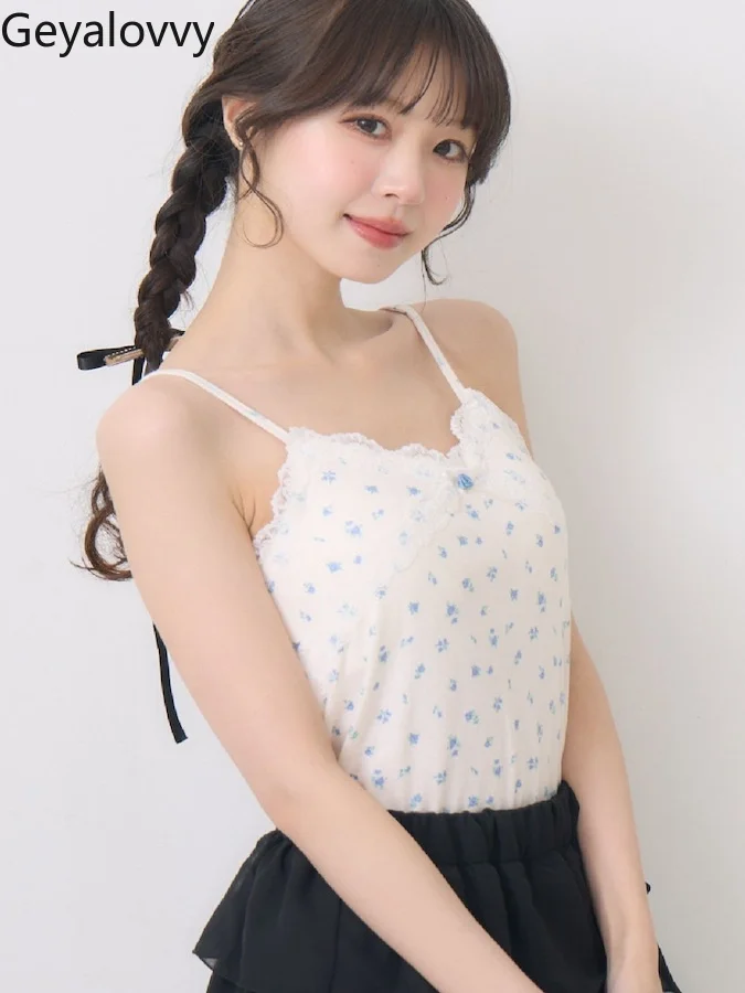 

Summer Japanese Sweet Cute Girls Sling Inner Short Vest Women's Love Floral Bow with Chest Pad Design Fversatile Crop Top