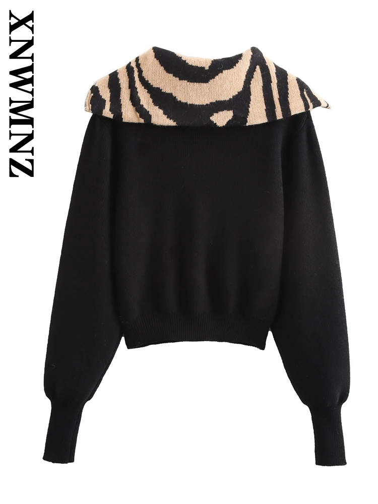 XNWMNZ 2024 Winter New Lady Chic Turn-down Collar Knitted Pullover Sweater Vintage Autumn Female Long Sleeve Jumper Top LEOPARD