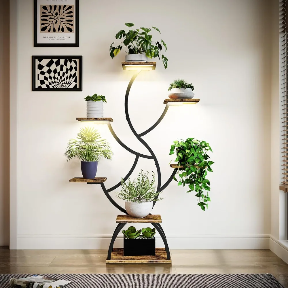

7-Tiered Indoor Plant Stand with Grow Light, Corner Flower Plant Holder in Tree Design, Metal Plant Rack