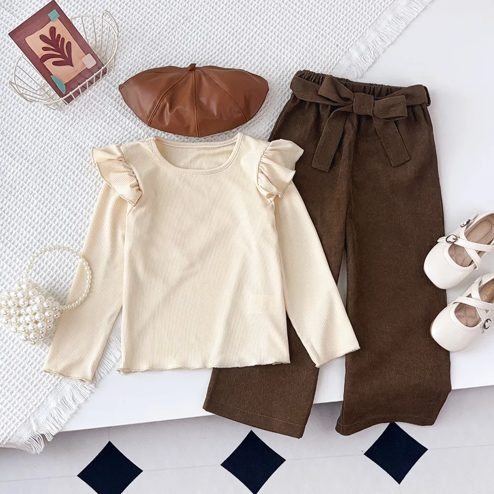 3 4 5 6 7 Year Old Autumn and Winter Long Sleeved Round Neck Top+brown Long Pants Children\'s Two-piece Sets Kids Clothes Girls