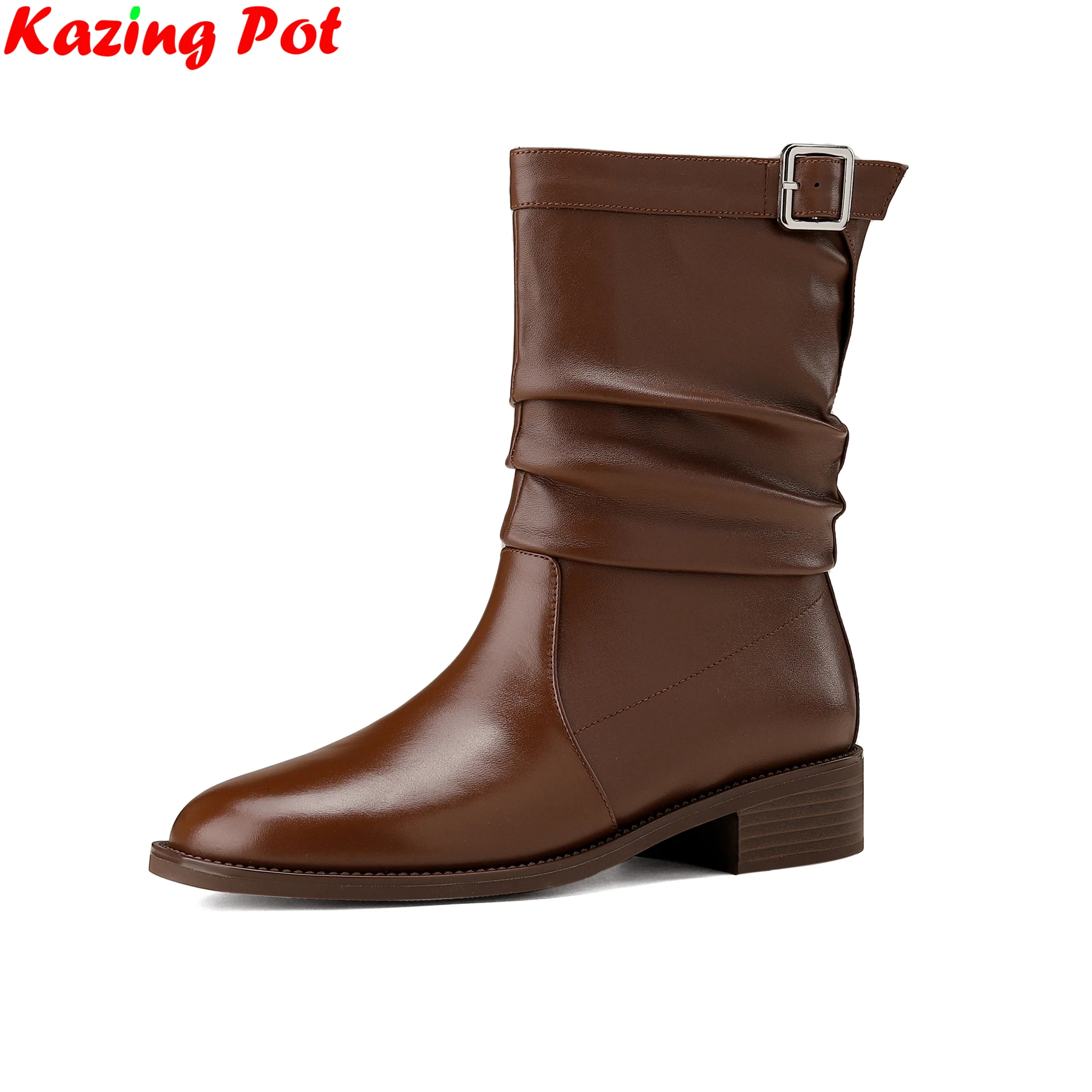 

Krazing Pot Plus Size Cow Skin Med Heels Retro Pleated Western Boots Warm Winter Shoes Dating Belt Buckle Luxury Mid-calf Boots