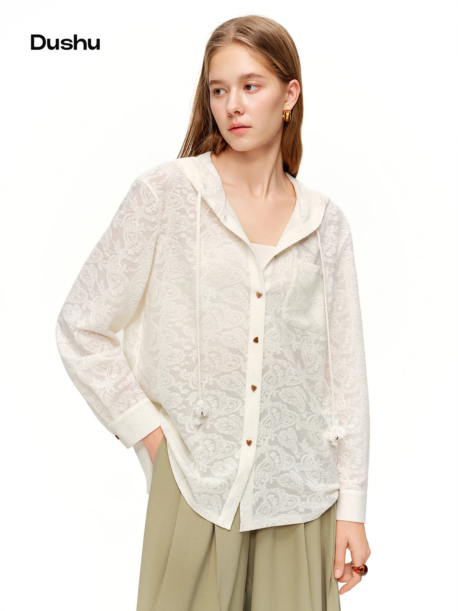 

DUSHU 2026 Spring New Women's Hooded Lace Shirt, Romantic Y2K Retro Blouse for Coquette Style Thin Coat Out Casual Wear Blouse