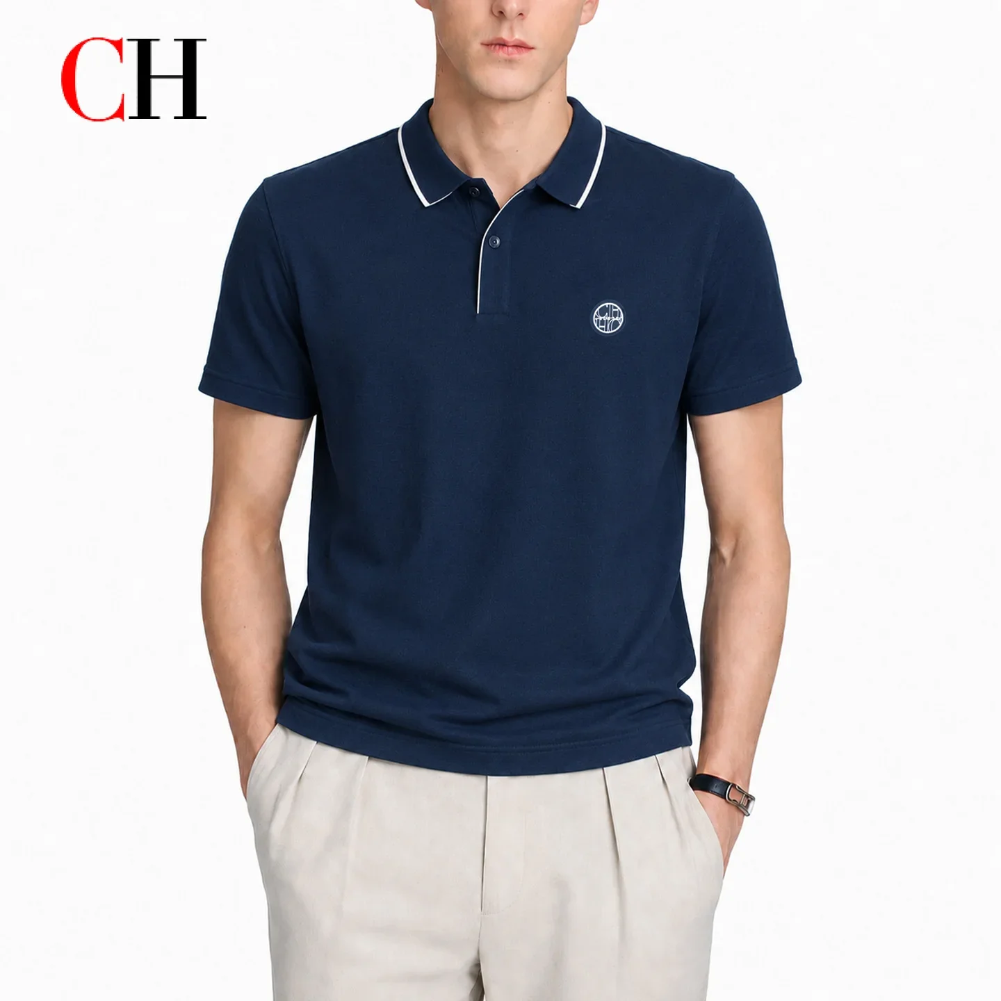 CH Men Single White Tipped Collar Short Sleeve Polo Shirt Round Rubber Badge Logo Left Chest Old Money Golf Office Daily Wear