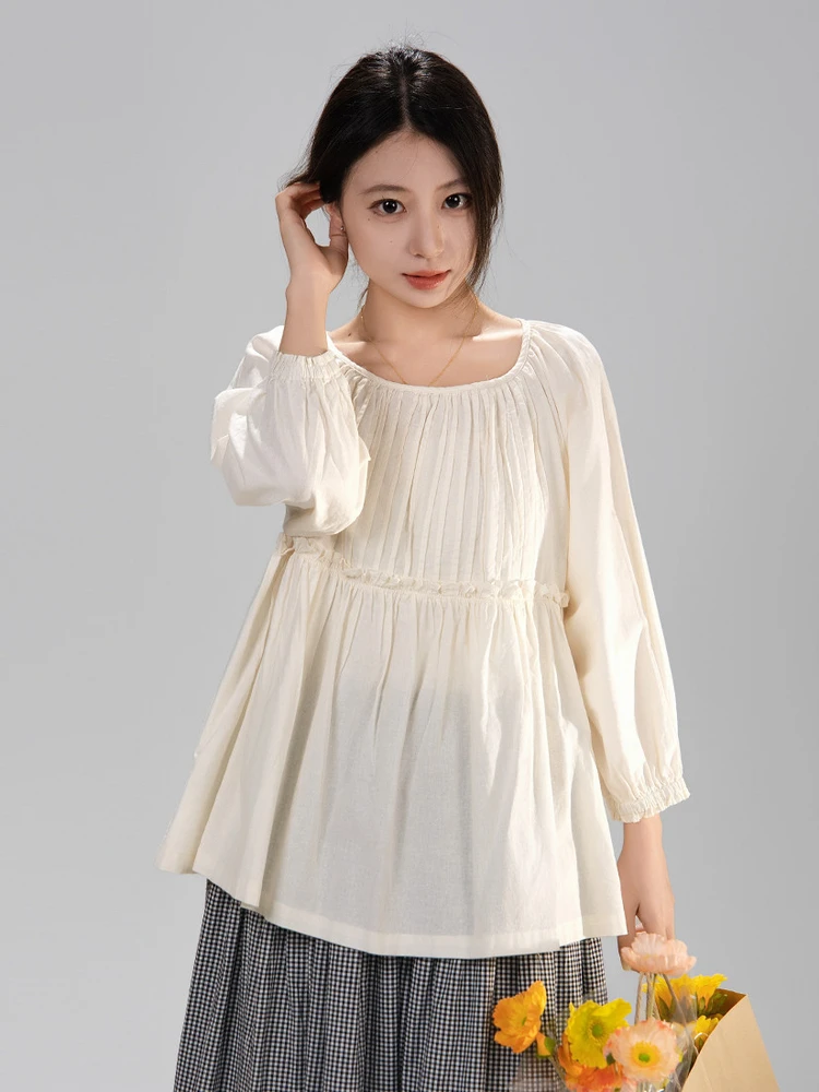 

Artisanal Cotton Linen Gingham Pleated Earlet Collar Nine-Quarter Sleeve Women's Shirt Sweet Style Loose Fit round Neck Doll ...