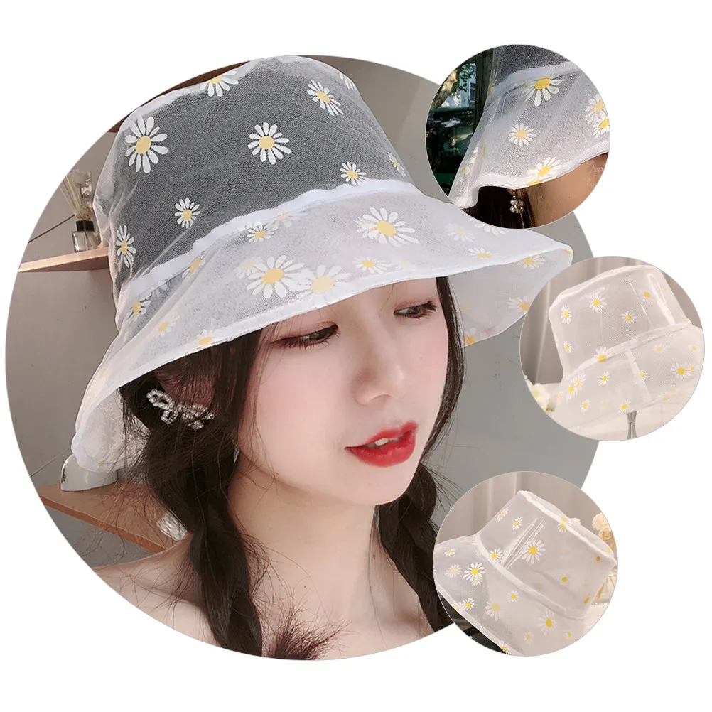 Women Daisy Printed Fisherman Hat Lightweight Breathable UV Protection Sun Bucket Hat for Beach Outdoor Leisure