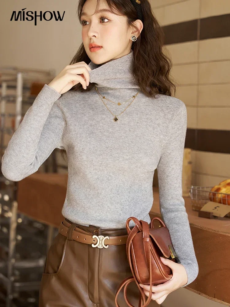 MISHOW Women\'s Knit Bottoming Shirt 2024 Autumn Winter High Collar Long Sleeve Pullover Inner Solid Top Office Lady MXC52Z0318