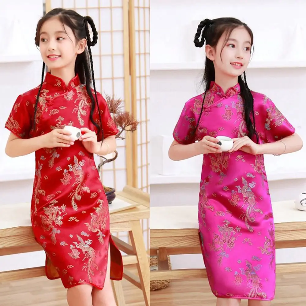 Retro Autumn Girl Gift Niche Design Silk Summer Kids Traditional Dress Qipao Girls Cheongsam Girls Skirt Chinese Style Dress