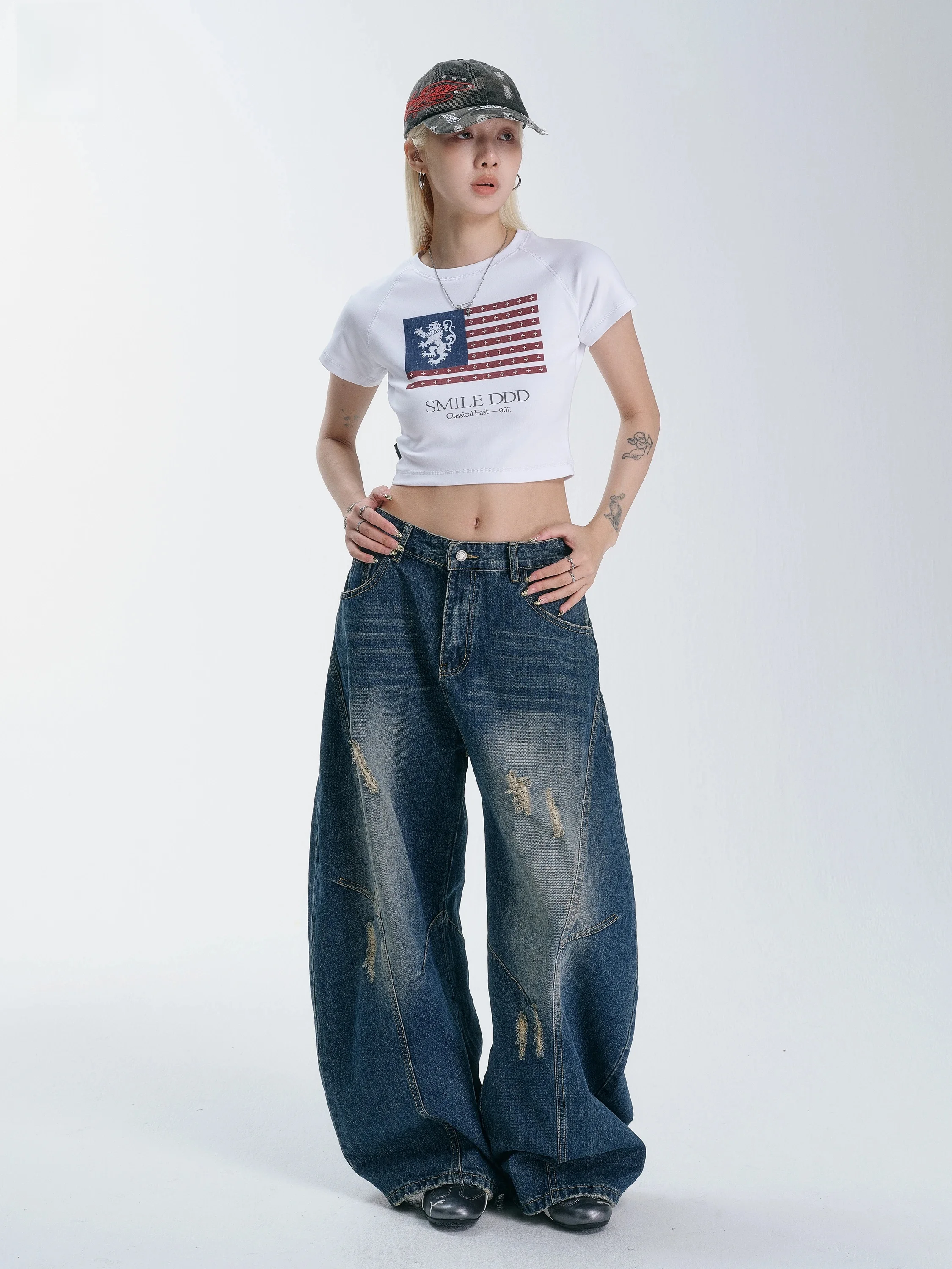 Smile Ddd Curved Knife Jeans Women's Loose Fit Blue Faded American Style Casual Pants Natural Waist Cotton Button Closure