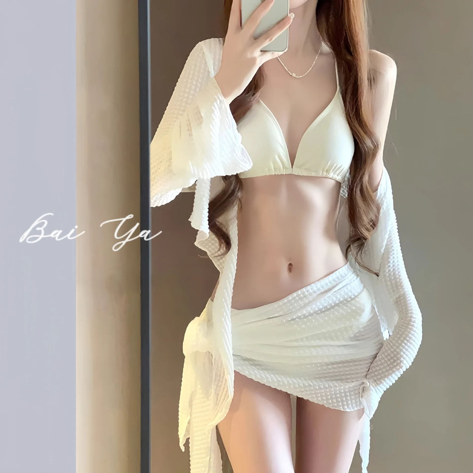 New Women 4-Piece Long Sleeve Sun Protection Bikini Set, Slim Sexy Pure Style White Beach Swimwear
