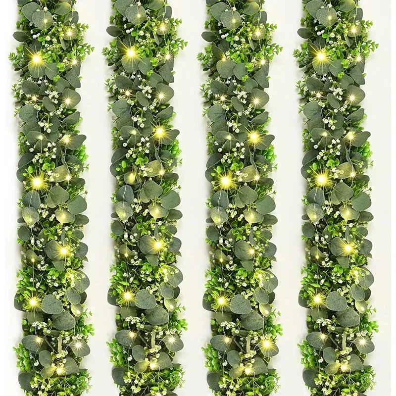 Guirnalda de hojas de eucalipto artificiales de 180CM, planta falsa, enredaderas de primavera con LED para decoración de fiesta en casa y boda, accesorios