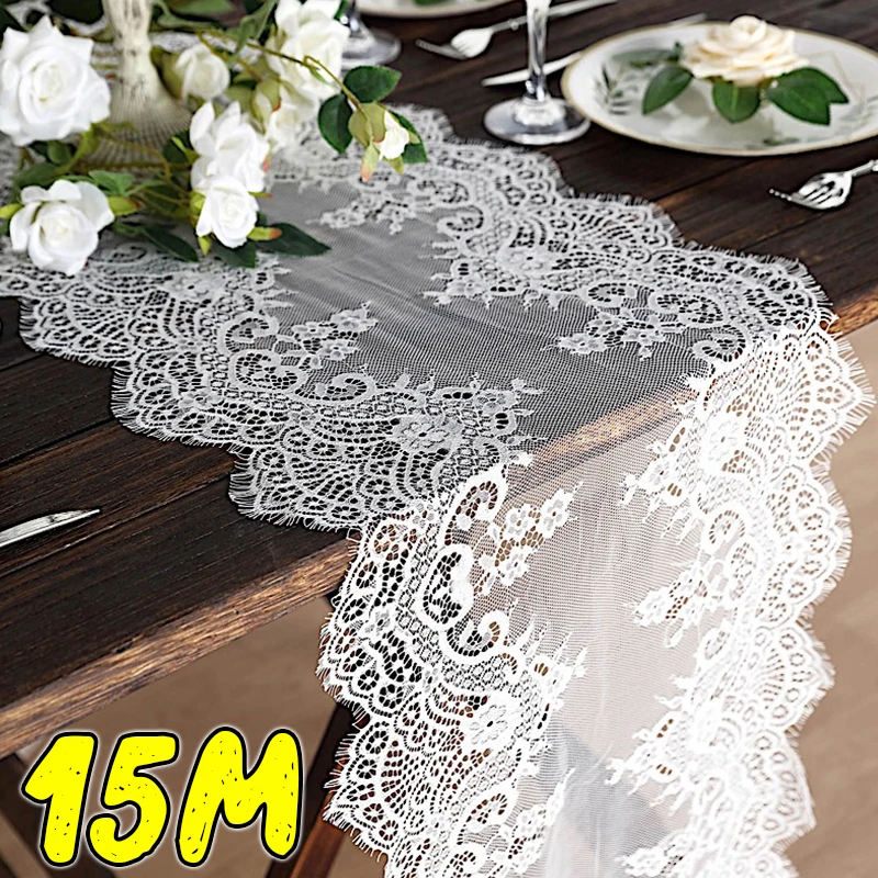 15/3M White Lace Tablecloth Vintage Embroidered Reception Table Cloth Home Party Valentines Day Tabletop Wedding Decoration