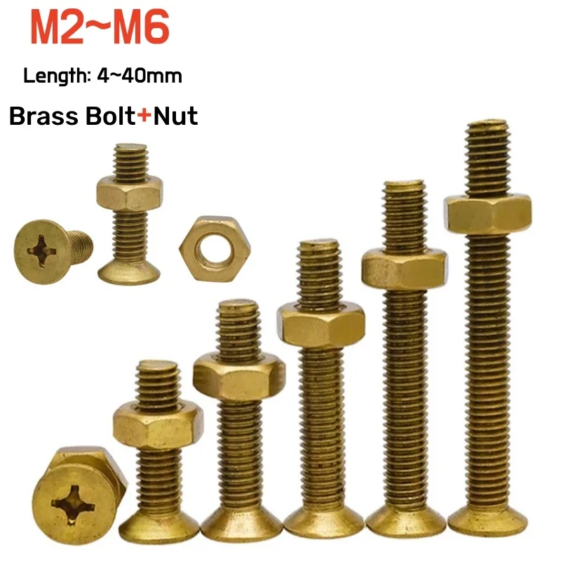 M2 M2.5 M3 M4 M5 M6 Brass Copper 2 In 1 Flat Head Phillips Bolt Nut Combination Set Cross Countersunk Screw Hexagon Nuts