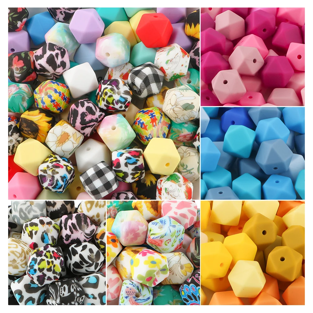 10Pcs 14mm Gedruckt Hexagon Silikon Perlen Leopard Perle Für Schmuck Machen DIY Perlen Stift Schlüsselbund Armband Zubehör