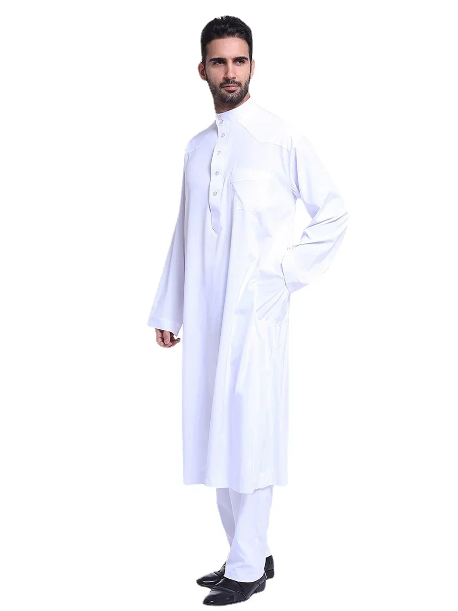Pakaian Muslim Pria Arab Jubba Thobe Kancing Jubah+Celana 2pcs Setelan Abaya Arab Saudi Idul Fitri Turki Kurtas Islami Muslim Pakaian Sehari-hari