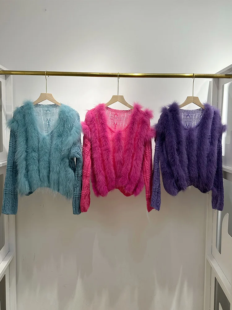 2026 Women Autumn Real Fur Pullover Coat With Real Fox Fur Stripe Knitted Sweater Coat Luxury Female Jackets