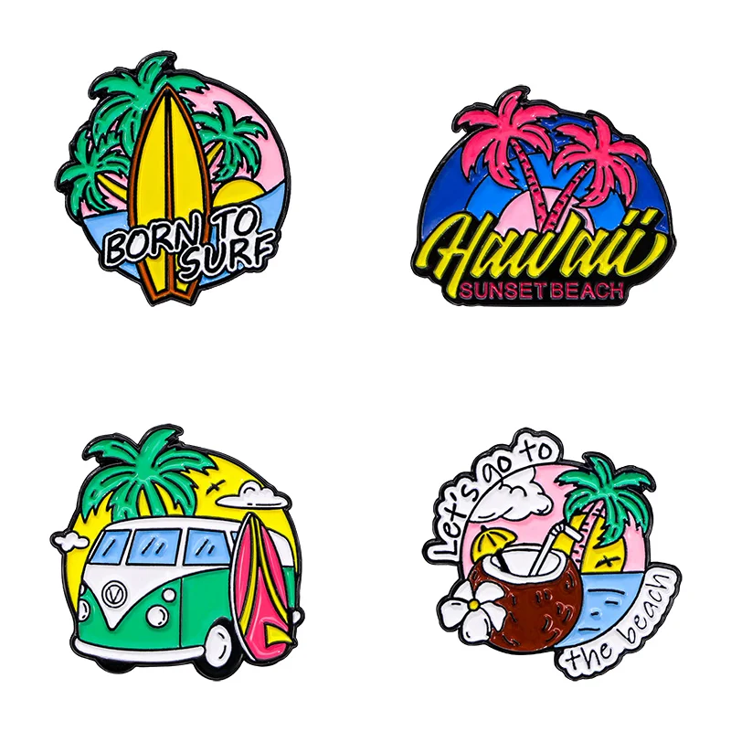 4Pcs/Set Colorful Beach Collection Pins Born To Surf Hawaii Coconut Tree Seabeach Enamel Brooches Summer Jewelry