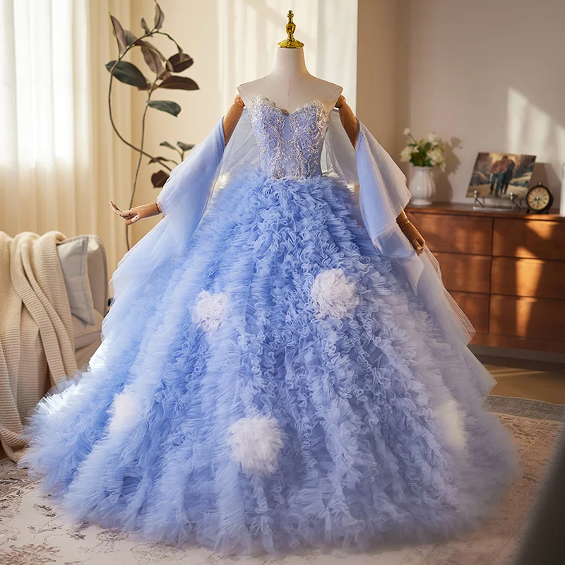 

Роскошное синее бальное платье без бретелек с рюшами, элегантное тюлевое платье для свадебной фотографии, вечернее платье для особых случаев по индивидуальному заказу