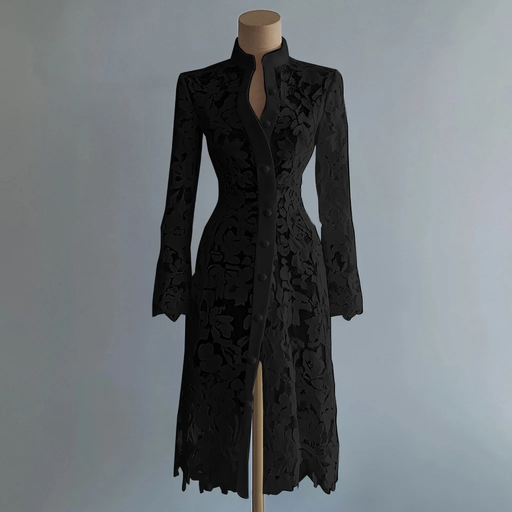 レースの透かし彫りと切り替えが施された無地のワンピース、女性用スタンドカラー長袖ハイウエストシングルブレストエレガントコートミディ丈ワンピース