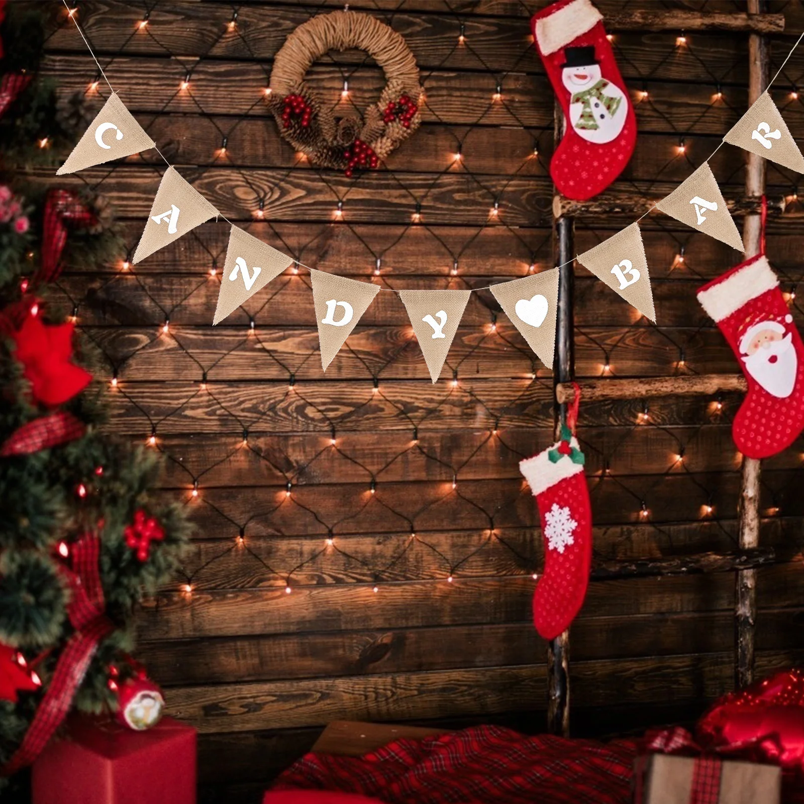 

9Pcs Wedding Bunting Burlap Flags Party Decoration Candy Bar Banner Hessian Brown 28M Total Length Candy Bar Banner