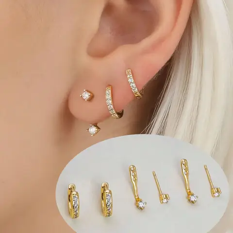 2 Pairs Jacket Stud Huggie Hoop Stacking Earrings Set for Women, 14K Gold Plated Small CZ Ear Piercing Jewelry Stack for Daily