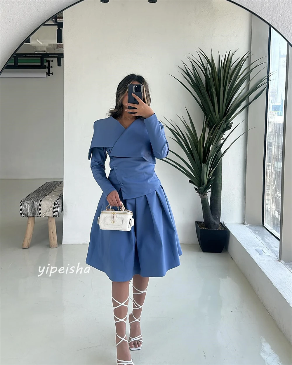 Jiayigong Sparkle Exquisite  Evening Jersey Button Ruched Cocktail Party A-line V-neck Bespoke Occasion Gown Midi Dresses